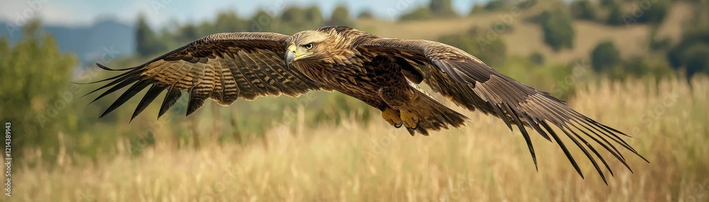 Fototapeta premium Majestic Golden Eagle in Flight Over Golden Grassland Landscape