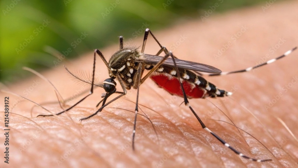 Mosquito human Dengue. A close-up of a mosquito feeding on human skin. Chikungunya, Mayaro, Yellow fever and Zica Virus. Mosquito human Dengue. A close-up of a mosquito feeding on human skin. Chikungunya, Mayaro, Yellow fever and Zica Virus.