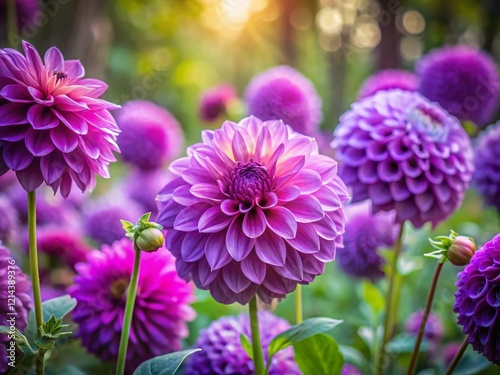 Long Exposure Photography: Vibrant Purple Dahlias Blooming in a Summer Garden