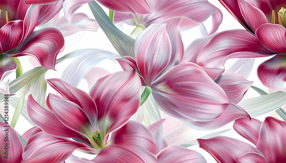 A vibrant floral pattern featuring pink tulips with soft gradients and delicate leaves. A vibrant floral pattern featuring pink tulips with soft gradients and delicate leaves.
