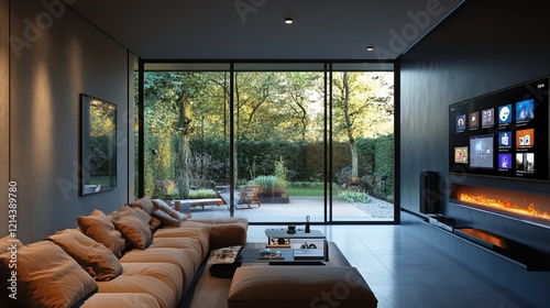 Wall-mounted smart screen featuring smart home apps, providing convenient access to home controls and automation from a central location. 