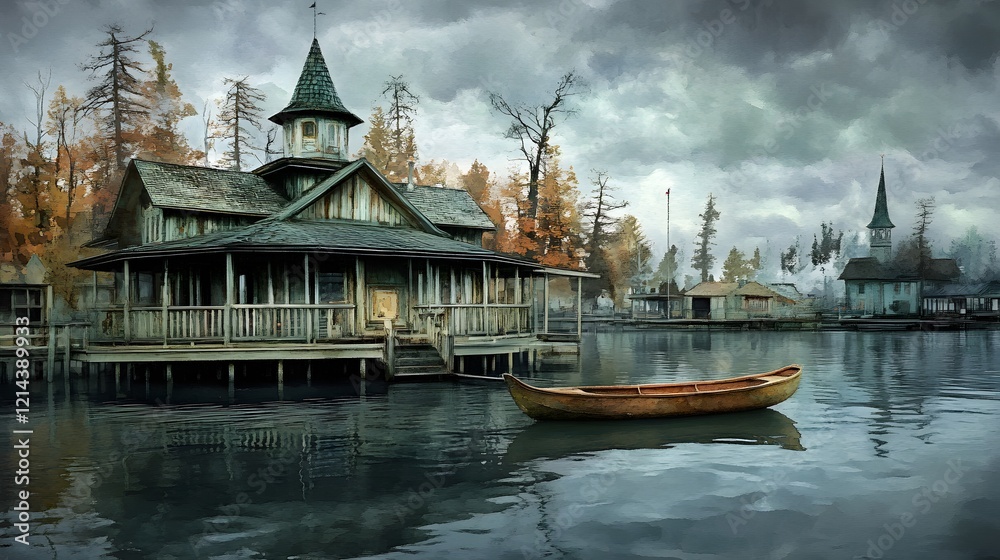 Naklejka premium Serene Lake House Autumn Reflections Wooden Rowboat