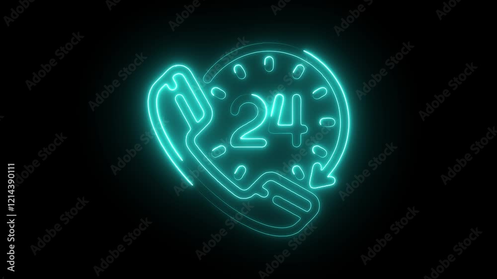 Glowing Neon 24 Hours Icon, Open All Day Service and Availability Symbol, HD Motion Graphic Animation on Black Background Glowing Neon 24 Hours Icon, Open All Day Service and Availability Symbol, HD Motion Graphic Animation on Black Background
