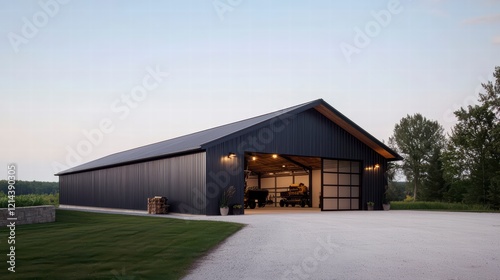 A large, contemporary farm shed with a metal exterior