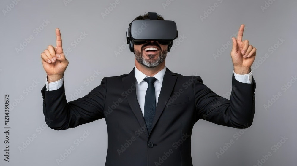 Businessman in a formal suit explores virtual realities with a VR headset, engaging with technology in a stark, modern setting. Businessman in a formal suit explores virtual realities with a VR headset, engaging with technology in a stark, modern setting.
