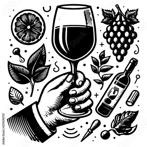 Hand Holding Wine Glass engraving vector