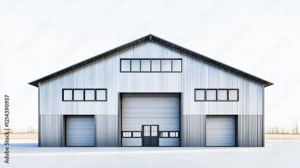 Industrial Warehouse Facade: A sleek and modern industrial warehouse building with a gable roof and multiple large garage doors, exuding a sense of efficiency and functionality. Industrial Warehouse Facade: A sleek and modern industrial warehouse building with a gable roof and multiple large garage doors, exuding a sense of efficiency and functionality.