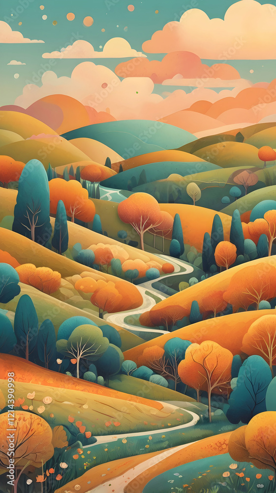 Fototapeta premium A vibrant, stylized landscape featuring rolling hills, a winding river, and colorful trees.