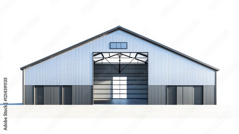 Modern Metal Barn: Architectural rendering of a spacious metal barn with a gambrel roof, large roll-up doors, and a combination of light blue and dark gray metal siding. Modern Metal Barn: Architectural rendering of a spacious metal barn with a gambrel roof, large roll-up doors, and a combination of light blue and dark gray metal siding.
