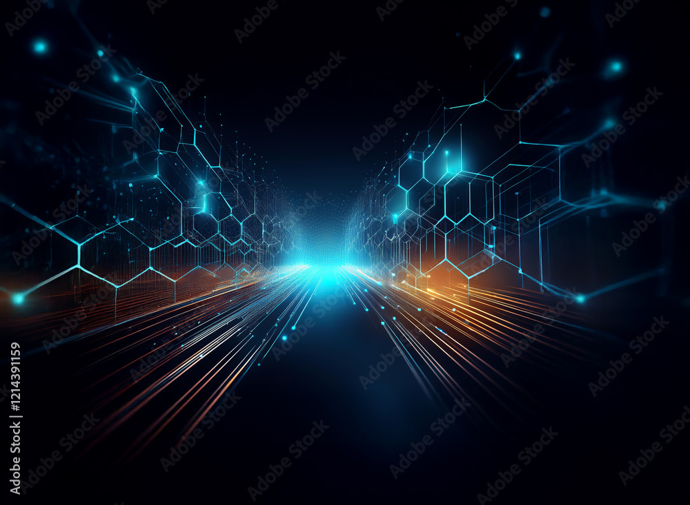 Fototapeta premium Abstract digital art depicting a glowing highway of hexagonal patterns and light streaks, representing technological advancement and connectivity in a dark futuristic setting.