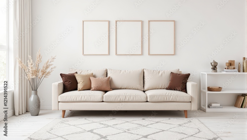 Obraz premium Cream-colored couch rests elegantly on polished horizontal wooden flooring, complemented by a chic gray-and-white rug below. The inviting indoor scene exudes cozy sophistication. (97 characters)