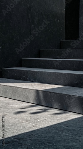 Sunlight creating strong shadows on wide stairs and wall made of dark concrete, ideal for backgrounds