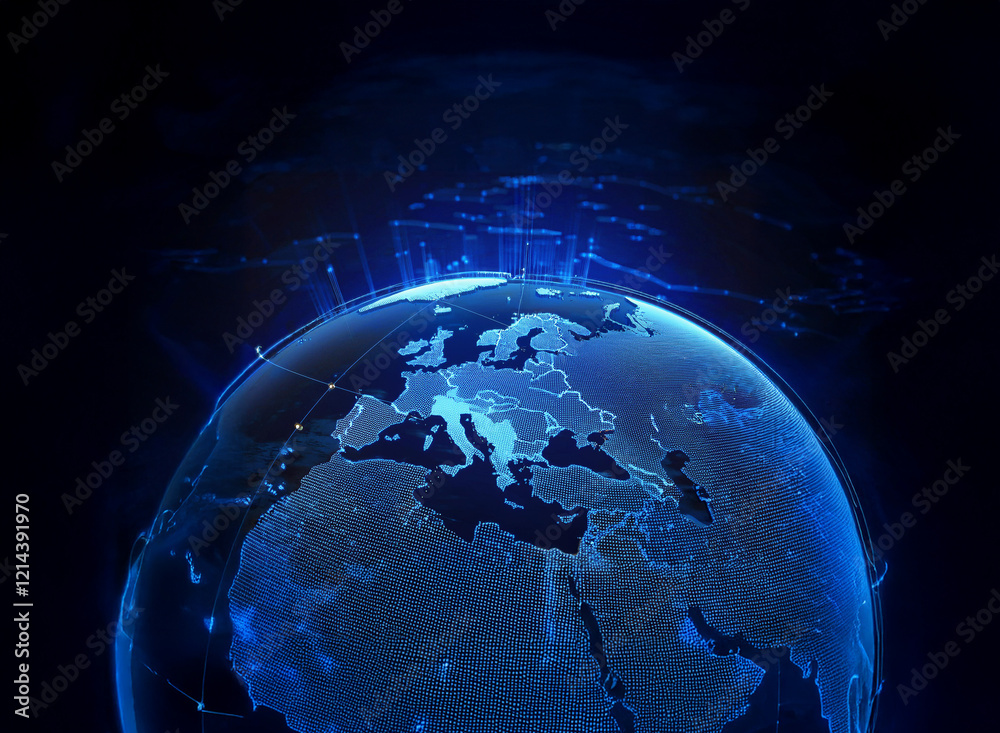 Fototapeta premium A glowing blue digital Earth, emphasizing Europe, is showcased against a dark background. Data streams radiate outwards, suggesting global connectivity and digital transformation.