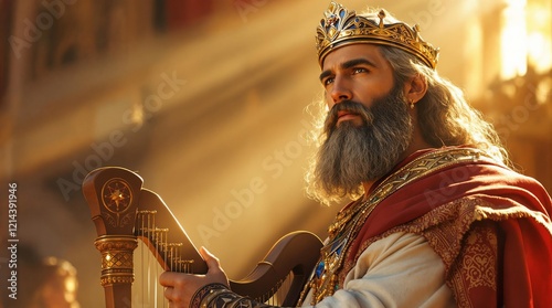 King's David Majesty: A portrait of King's David of ancient Israel adorned in a golden crown and flowing robes, his weathered hand gently resting on a harp. The image is awash in warm, ethereal light.
