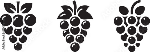 Fruit grapes bunch with leaves solid black png silhouette isolated on transparent white background, cut out