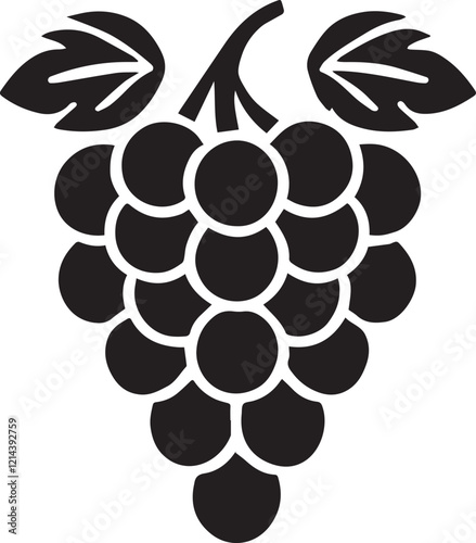 Fruit grapes bunch with leaves solid black png silhouette isolated on transparent white background, cut out
