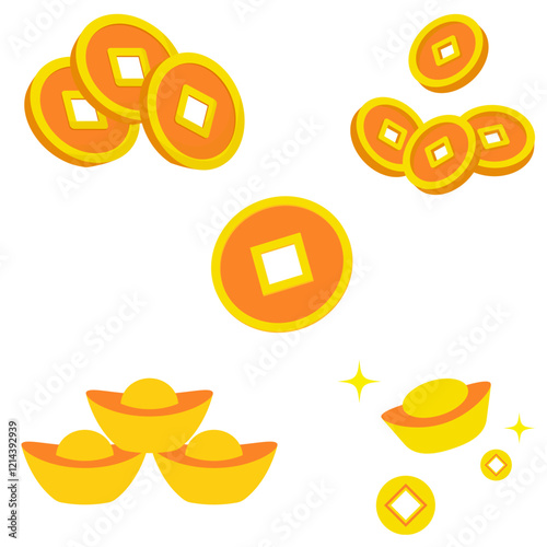 illustration of gold bullion and chinese prosperity coin