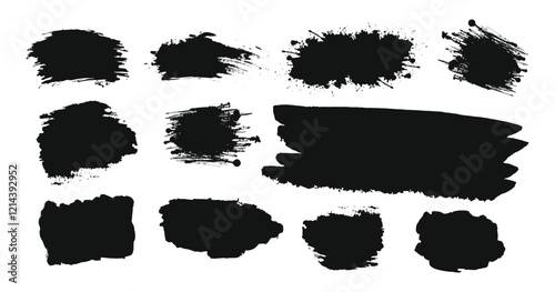 Set of vector paint brush stroke, ink splatter and artistic design elements. Dirty watercolor texture, box, frame, grunge background, splash or creative shape for social media. Abstract drawing.