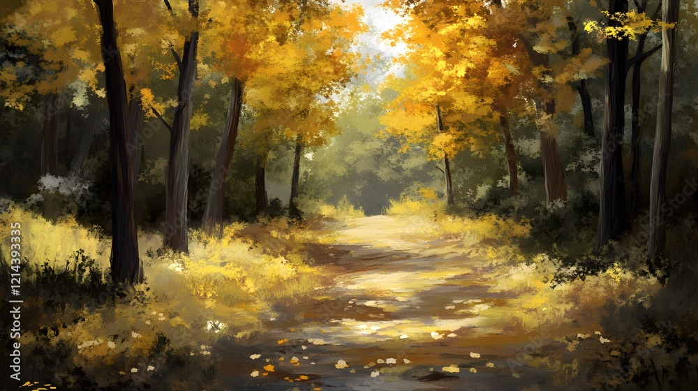 Fototapeta premium Golden Autumn Forest Path Sunlit Trees Fall Landscape