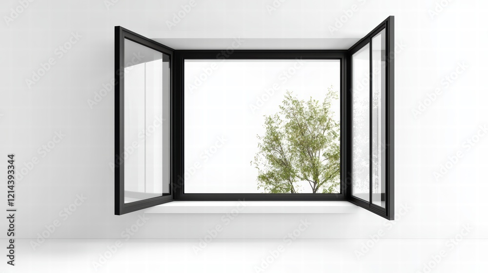 Open Window to Nature: A minimalist, modern window frame with black aluminum framing is open to reveal a glimpse of nature outside, showcasing a vibrant tree against a bright sky. Open Window to Nature: A minimalist, modern window frame with black aluminum framing is open to reveal a glimpse of nature outside, showcasing a vibrant tree against a bright sky.