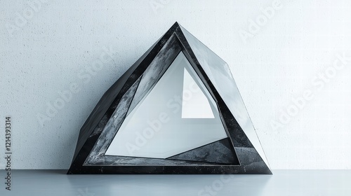 Geometric Abstract: A minimalist black triangular sculpture stands on a reflective surface, showcasing its sharp angles and intricate design. Its angularity creates a sense of mystery and depth. photo