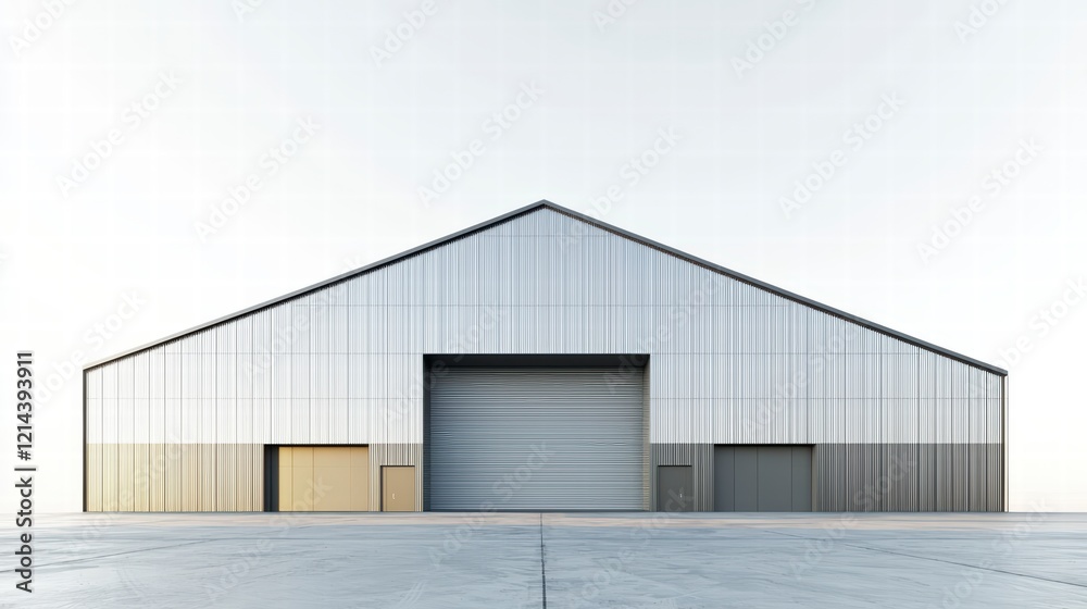 Industrial Building Architecture: A sleek and modern industrial building with a triangular roof, large garage doors, and clean lines stands against a backdrop of blue sky. Industrial Building Architecture: A sleek and modern industrial building with a triangular roof, large garage doors, and clean lines stands against a backdrop of blue sky.