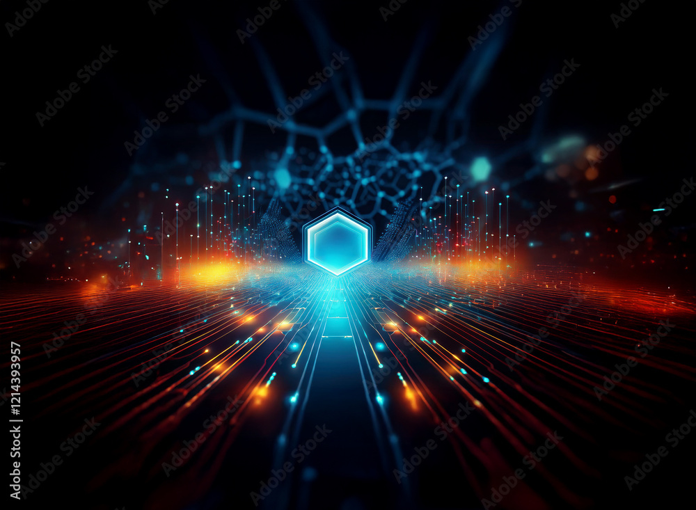 Obraz premium Abstract digital art depicting a glowing hexagonal structure at the center of a futuristic, network-like landscape with vibrant streaks of light.
