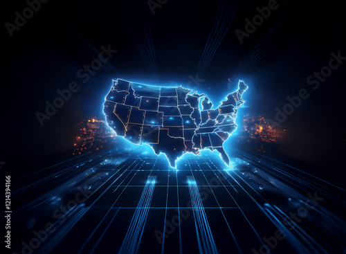 Glowing digital map of the USA, showcasing state borders and city lights, set against a dark, technological backdrop.  The image evokes concepts of digital infrastructure, connectivity, and nationwide photo