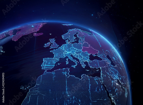 A digitally enhanced image depicts the Earth, with Europe highlighted in glowing purple and blue lines, against a dark space background.  The continent's borders are clearly defined by the light.