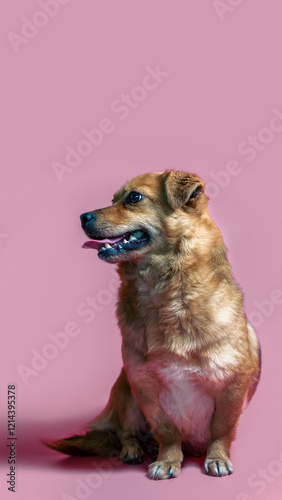 Bild auf Leinwand joyful smiling mongrel red dog on a pink colour background