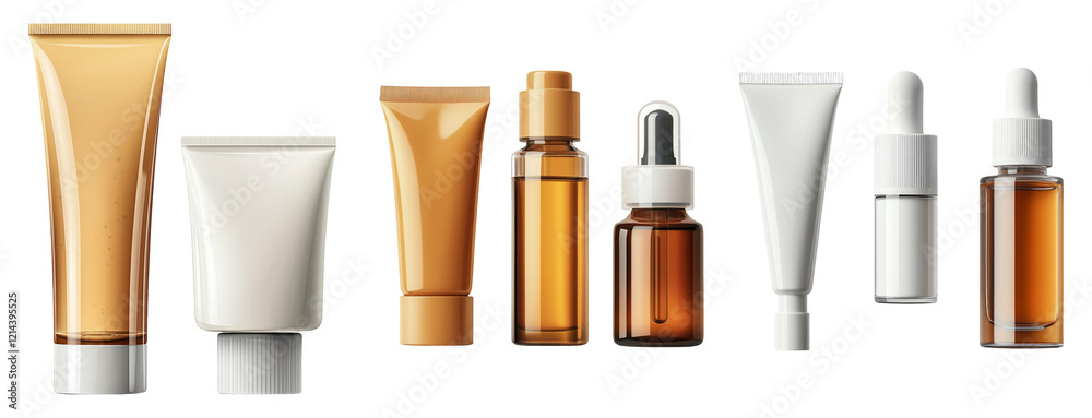 Assorted Cosmetic and Skincare Tubes and Bottles on Transparent Background Assorted Cosmetic and Skincare Tubes and Bottles on Transparent Background