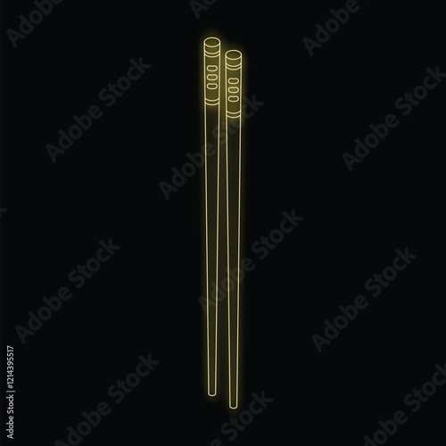 Neon illustration of a pair of chopsticks glowing yellow on a black background