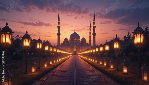 Illuminated pathway leading to a mosque at twilight, symbolizing peace, spirituality, and Islamic traditions, perfect for religious and cultural-themed compositions.
