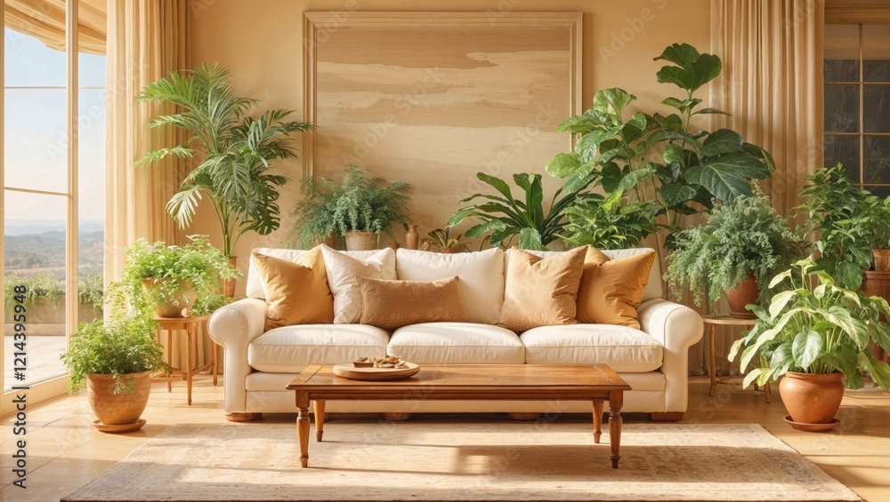 Bright and inviting living room with warm beige tones, lush indoor plants, a cozy white sofa, and natural light streaming through large windows, creating a serene and organic atmosphere Bright and inviting living room with warm beige tones, lush indoor plants, a cozy white sofa, and natural light streaming through large windows, creating a serene and organic atmosphere