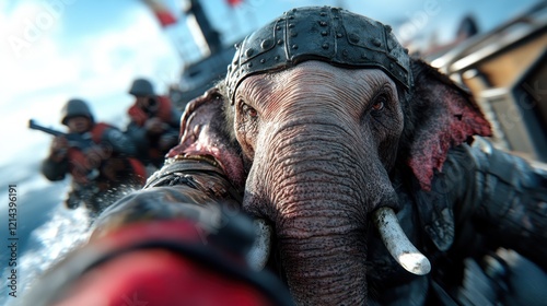 A commanding war elephant equipped with distinctive gear emerging from the ocean, symbolizing fierceness and authority in a captivating maritime scenario. photo