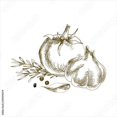 Fresh tomato, garlic head and rosemary branches ink vector composition. Hand drawn vegan food illustration, Italian cuisine vegetables for sauce, ingredient for menu, product packing, kitchen design