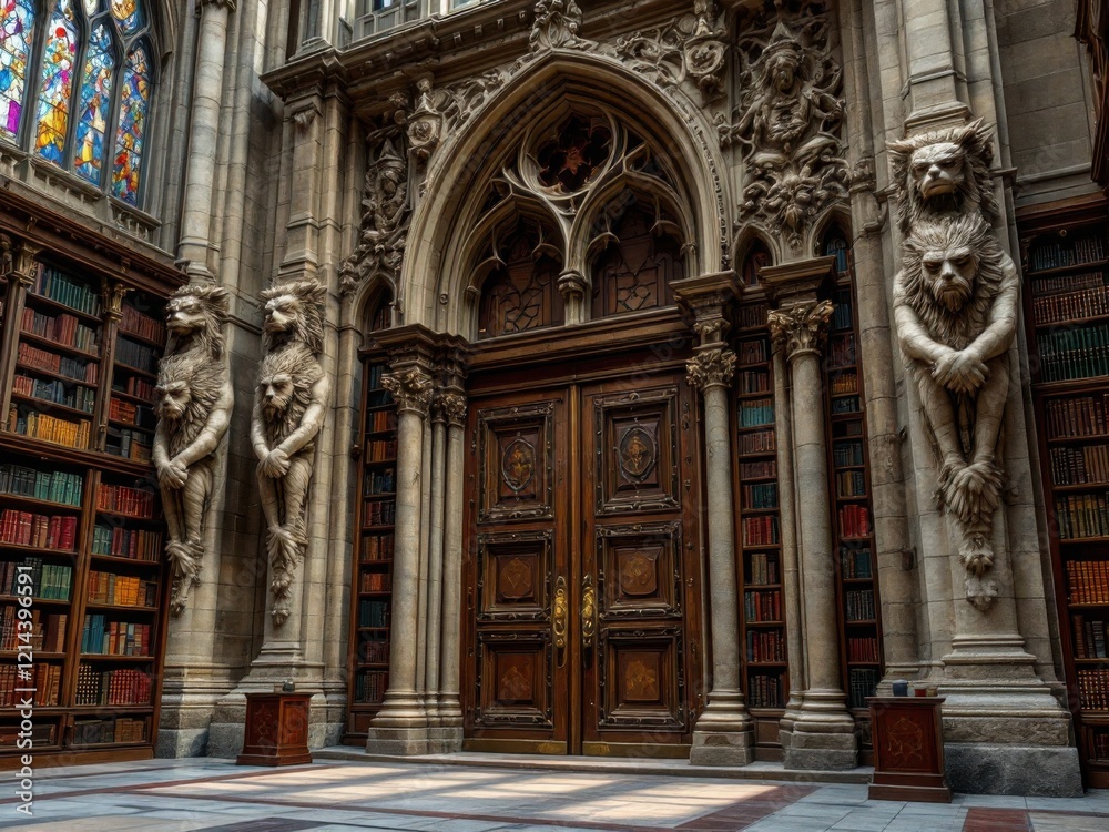 Fototapeta premium Gothic Library Entrance with Ornate Carvings and Stained Glass Windows