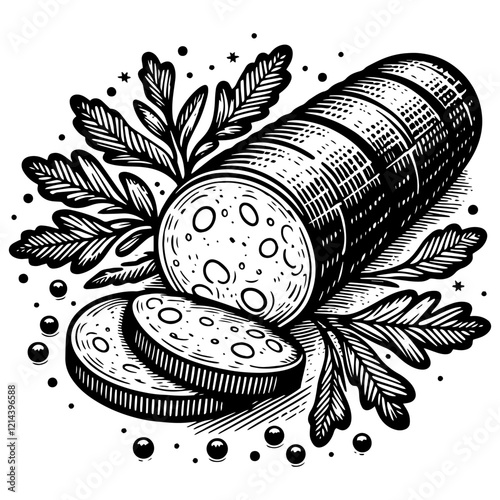 Sliced Salami engraving sketch vector illustration