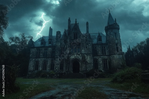 Gothic mansion with gargoyle adornments struck by thunderstorm eerie atmosphere high-fidelity imagery dark environment dramatic perspective photo