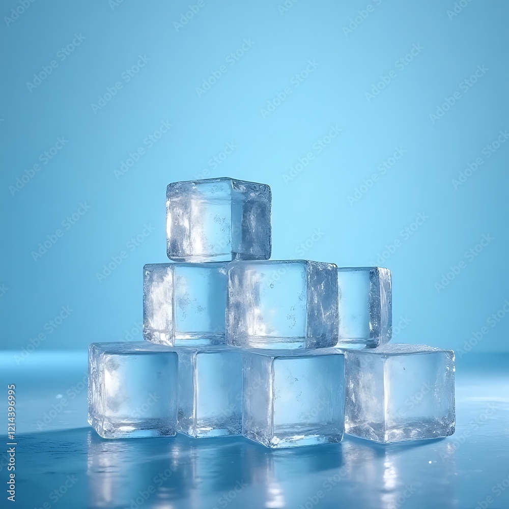 Crystal Clear Ice Cubes: A captivating arrangement of glistening ice cubes against a serene blue backdrop, evokes a sense of coolness and refreshment. Crystal Clear Ice Cubes: A captivating arrangement of glistening ice cubes against a serene blue backdrop, evokes a sense of coolness and refreshment.