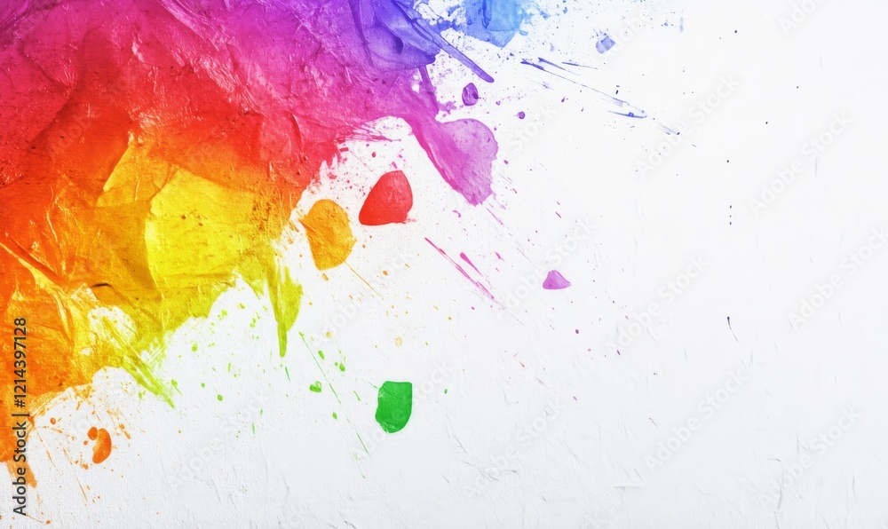 Fototapeta premium Colorful paint splatter on white canvas with grunge textures Extreme Close-Up