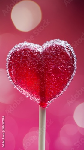 Sweet heart shaped lollipop with small water drops on a blurred pink background, perfect for Valentine's Day