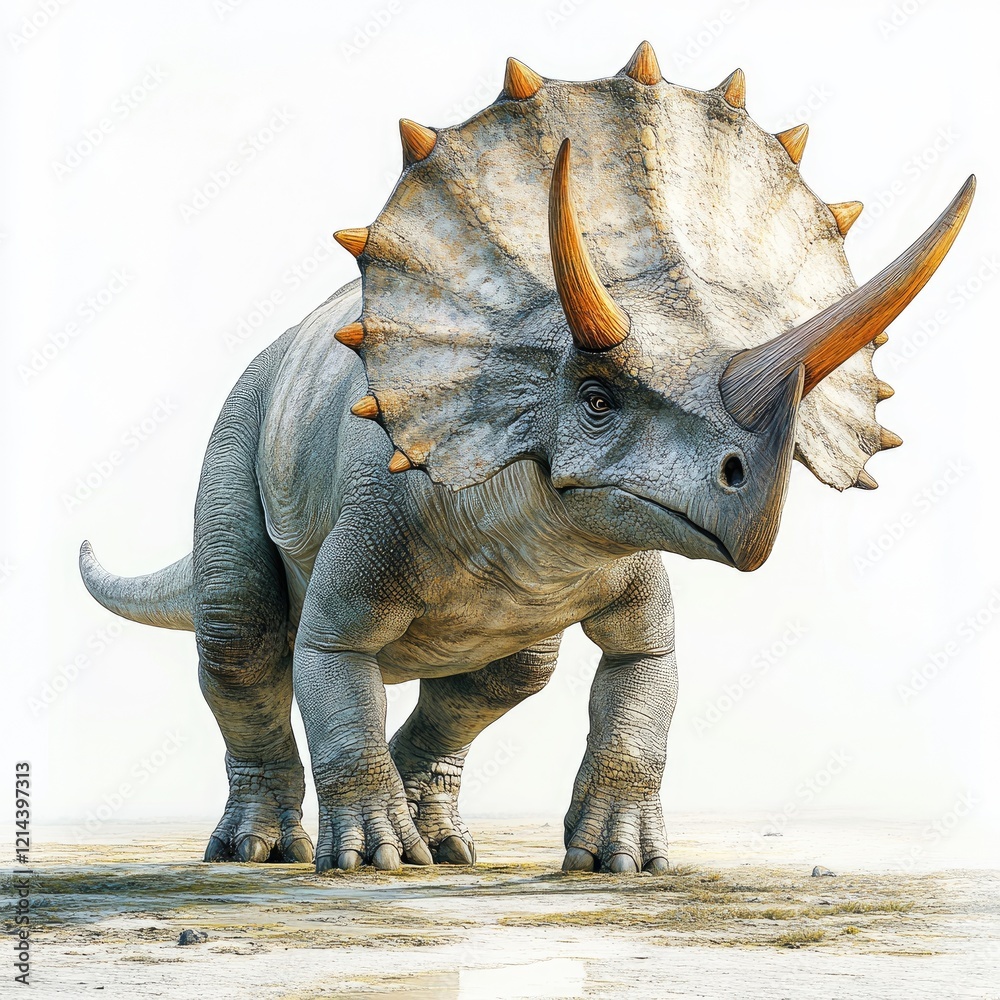 Fototapeta premium Triceratops dinosaur, prehistoric creature, paleontology illustration, white background, educational resource