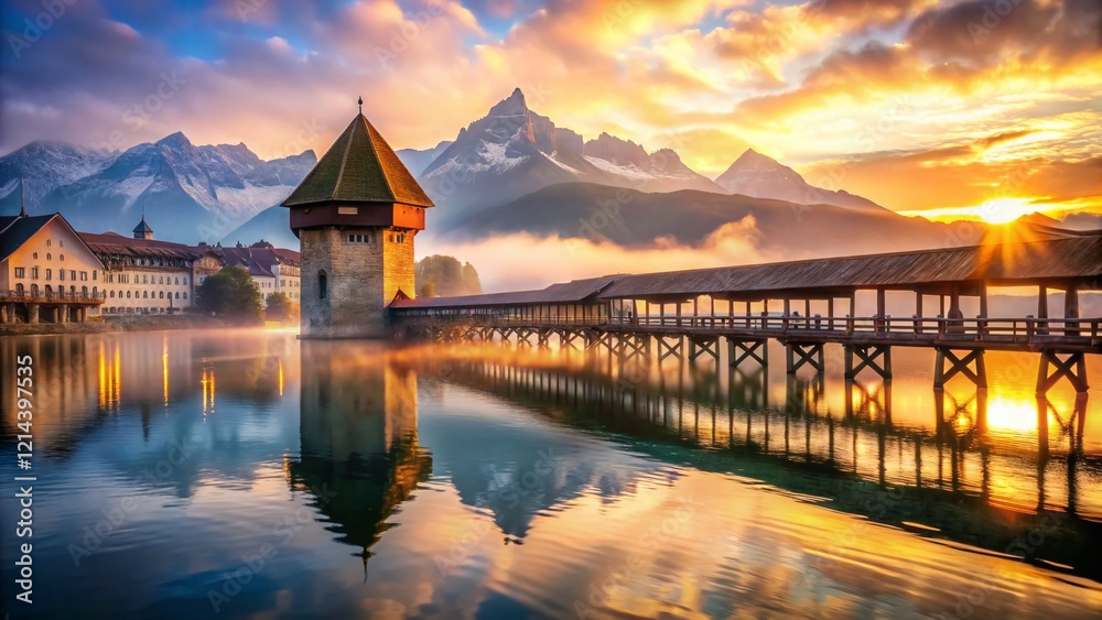 Obraz premium Lucerne Chapel Bridge Double Exposure Sunrise Swiss Alps Stock Photo