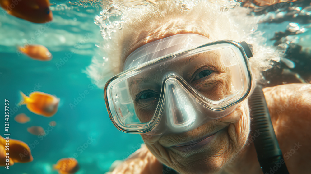 Fototapeta premium Happy senior woman with snorkel mask in tropical sea snorkeling underwater surrounded by tropical fish.