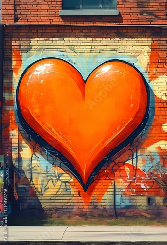 A vibrant orange heart graffiti stands out on a colorful brick wall
