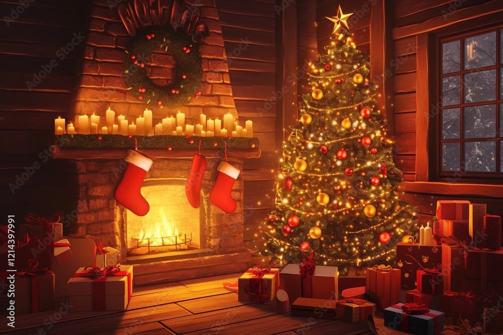 Fototapeta premium Cozy cabin Christmas Tree, fireplace, gifts, snowy night