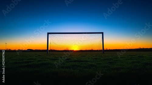 A silhouetted sports goal post for rugby, Gaelic football, camogie, and hurling is framed against a vivid sunrise of blue and orange hues photo