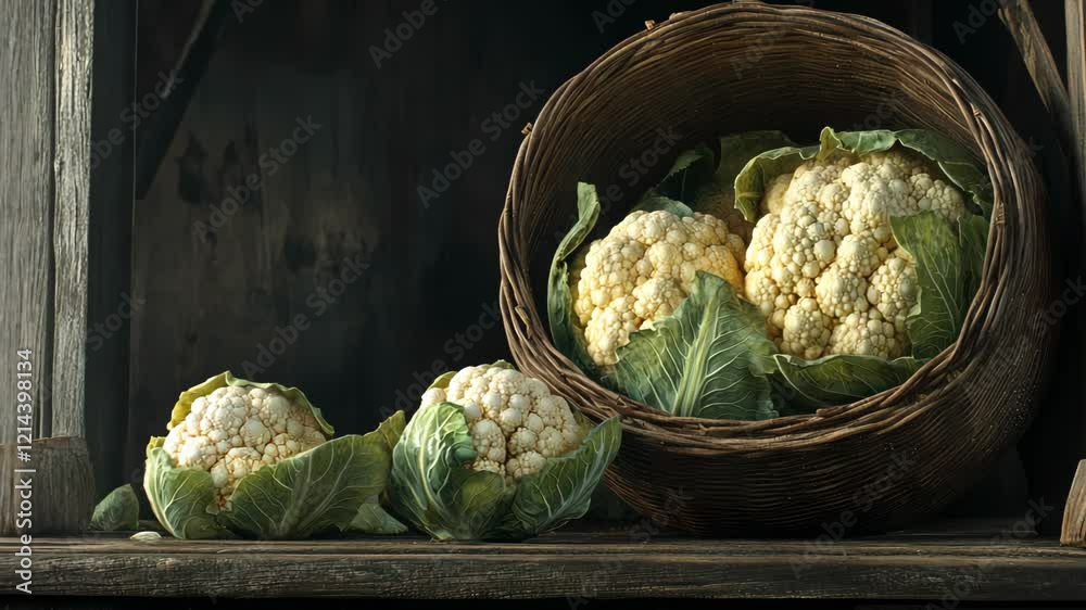 Freshly harvested cauliflowers arranged beside a woven basket on a rustic wooden surface