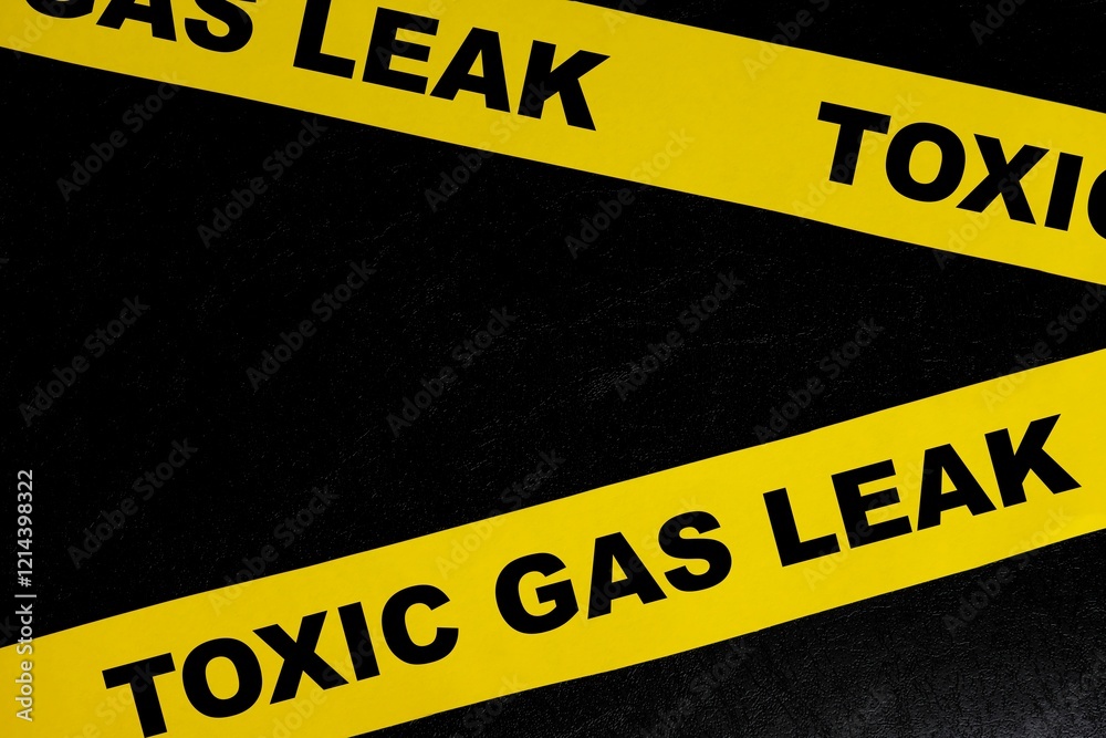 Toxic gas leak or leakage caution danger and warning concept. Yellow barricade tape with word in dark black background.